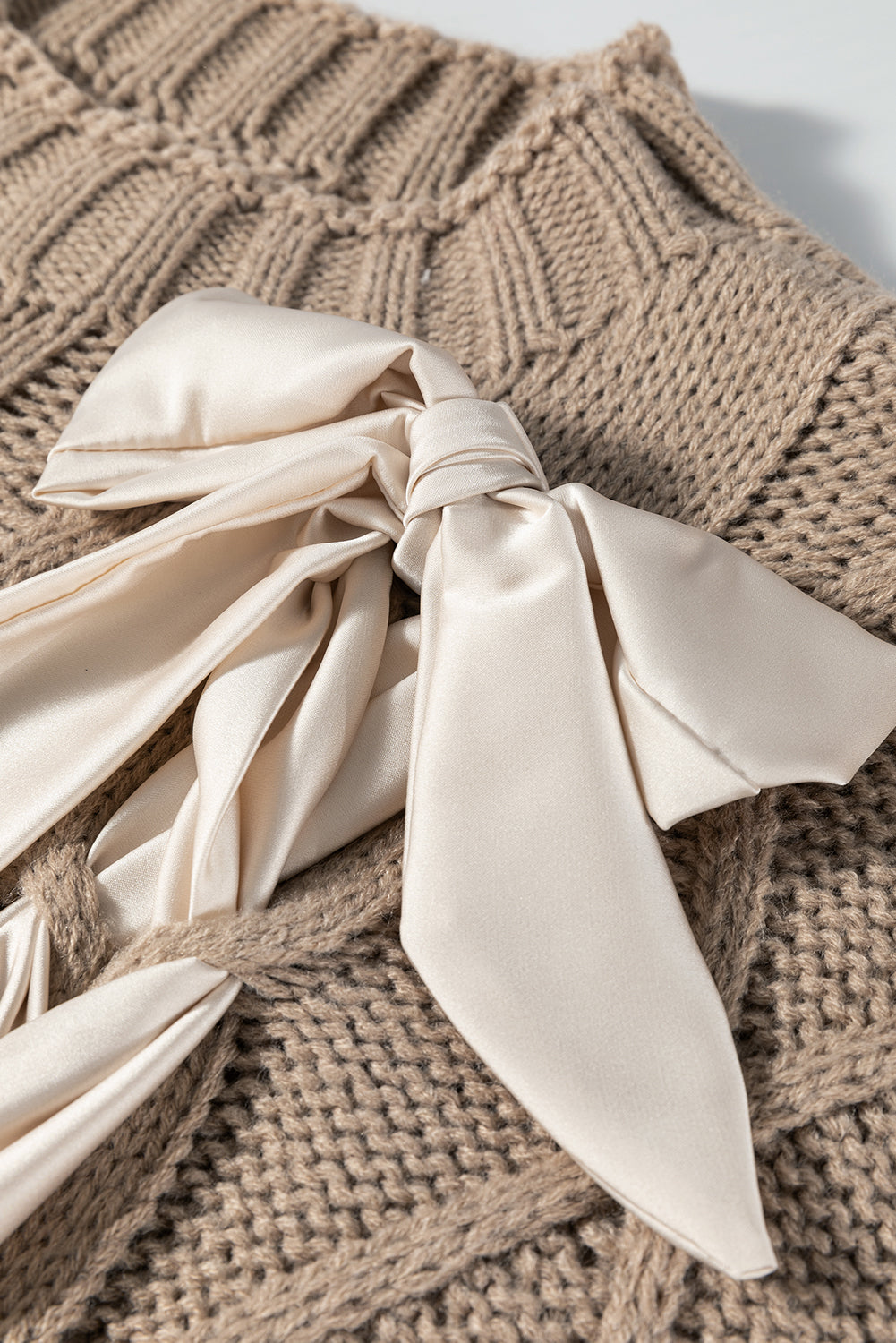 Simply Taupe Cable Knit Colorblock Satin Bowknot Short Sleeve Sweater #18