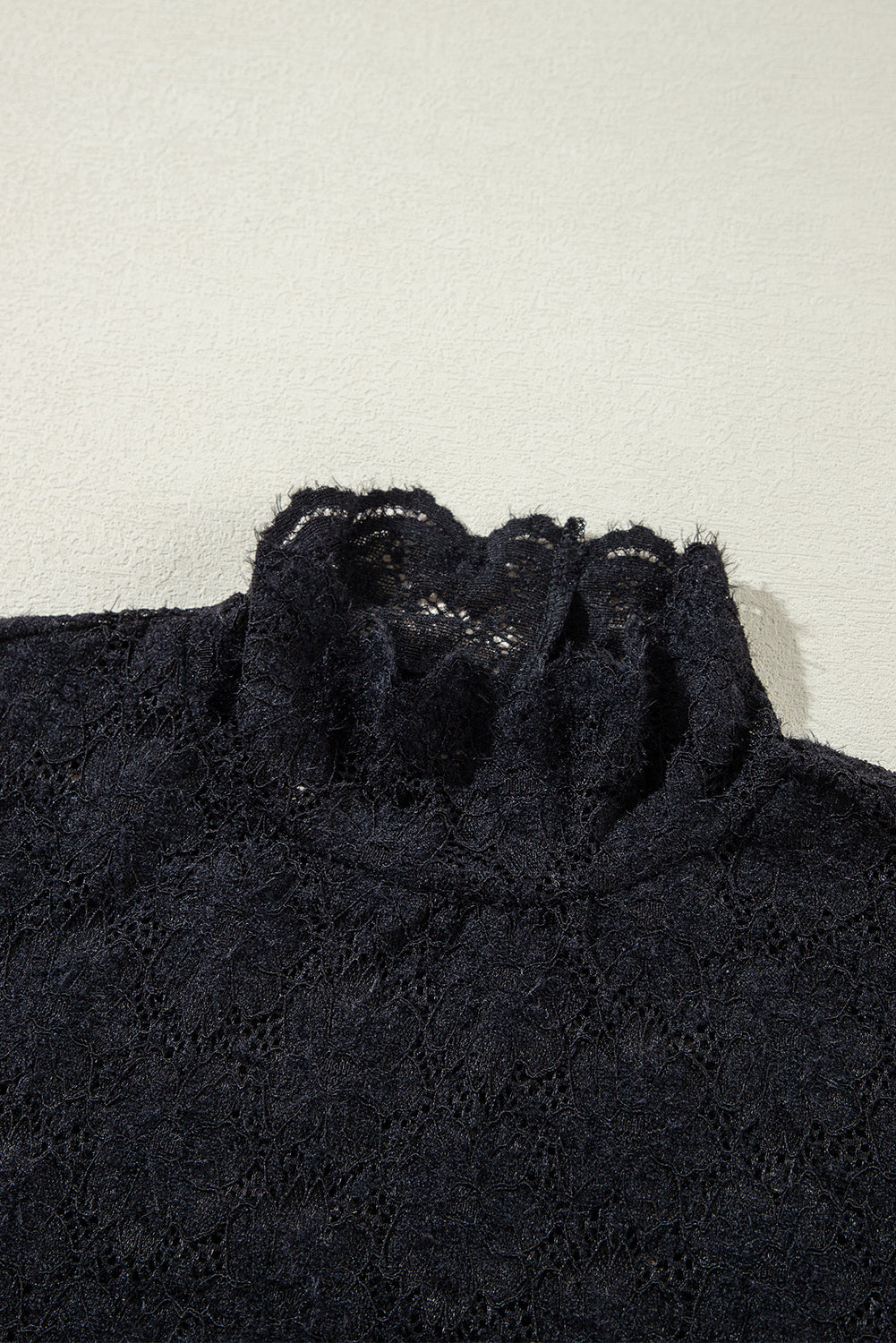 Black Floral Lace High Neck Long Sleeve Top #107