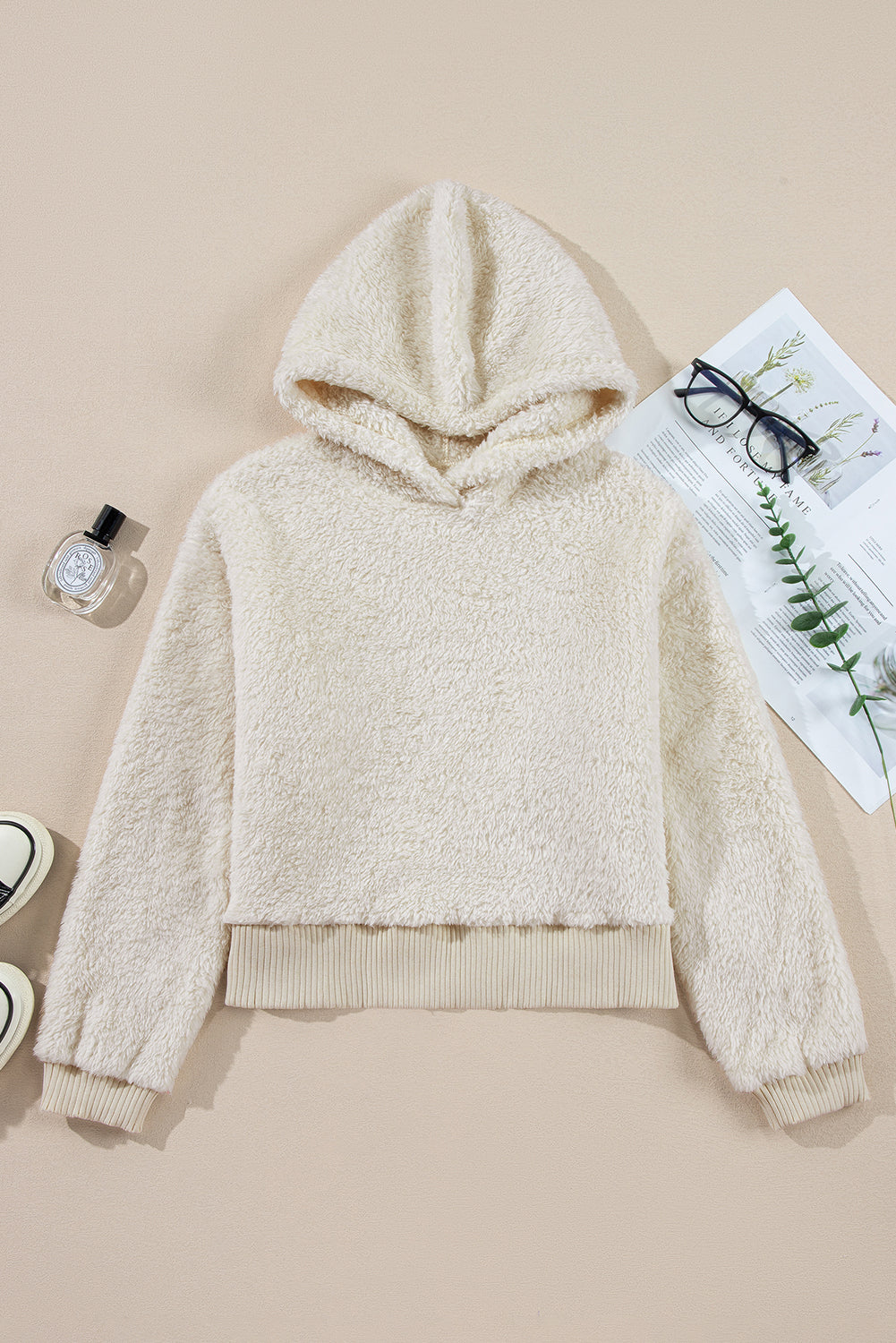 White Contrast Ribbed Edge Plush Hoodie #108