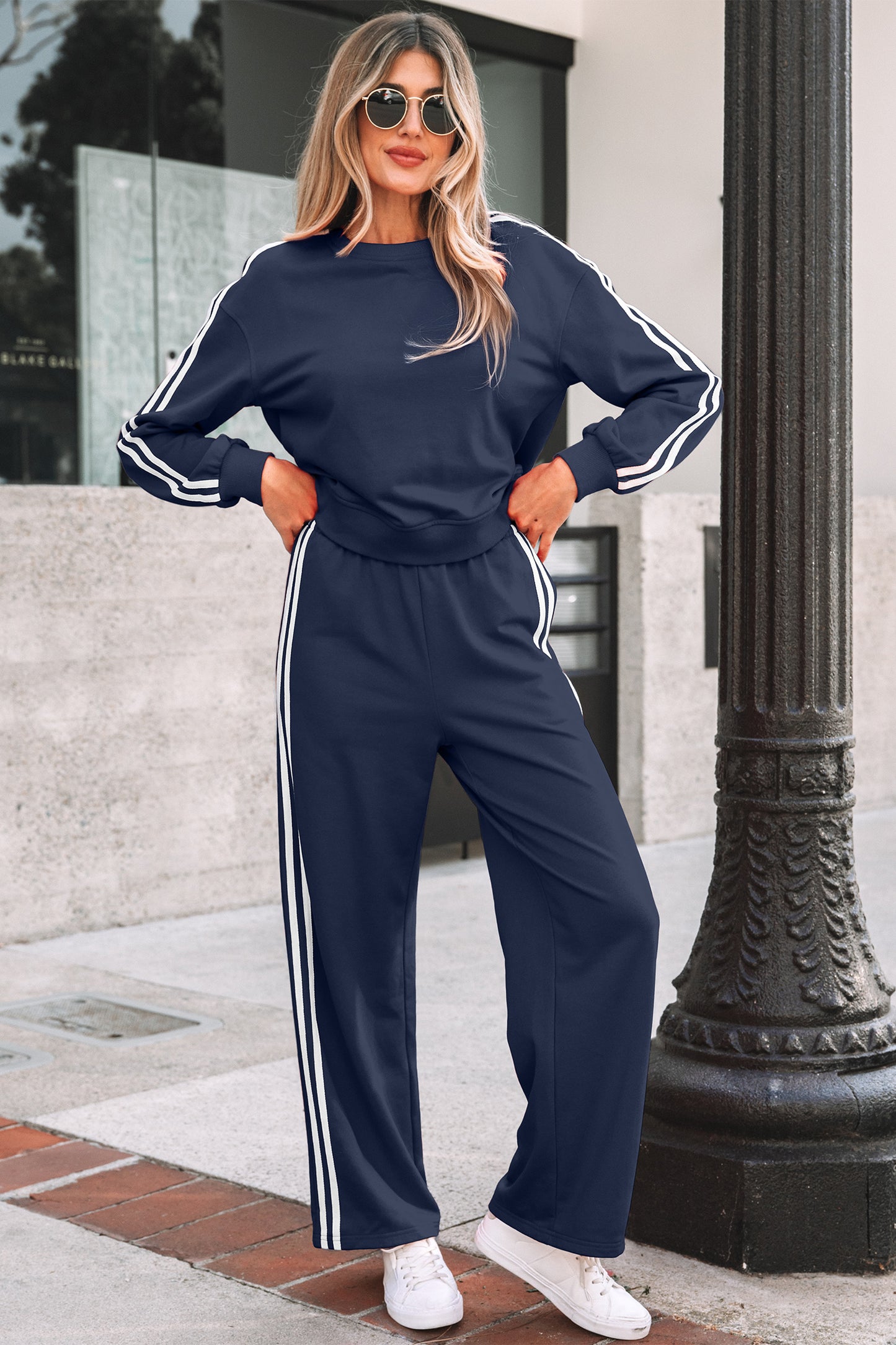 Dirty blue Varsity Striped Detail Crewneck Pullover Elastic Sweatpants 2pcs Outfit #131