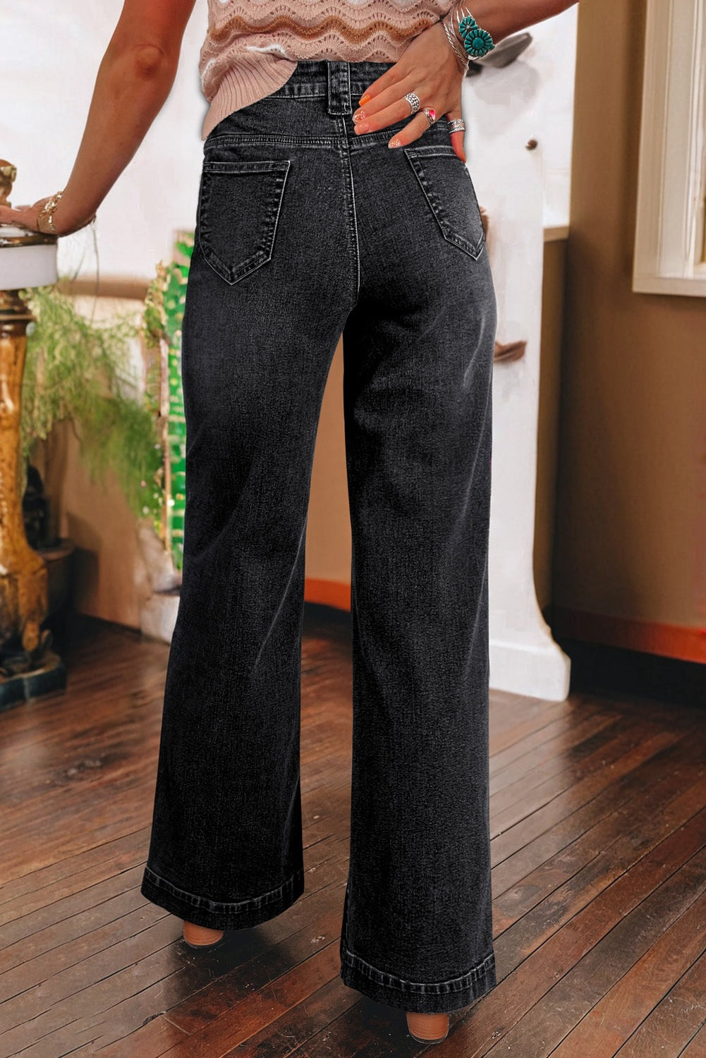 Black Wide Leg Pocketed High Waist Jeans #264