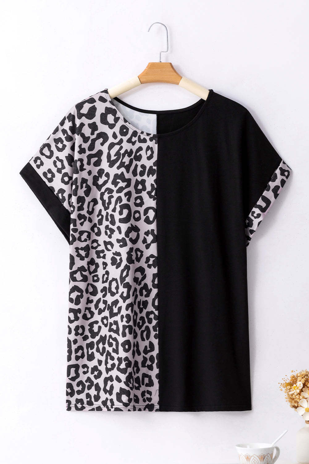 Black Half Leopard Patchwork Plus Size T-shirt #243o
