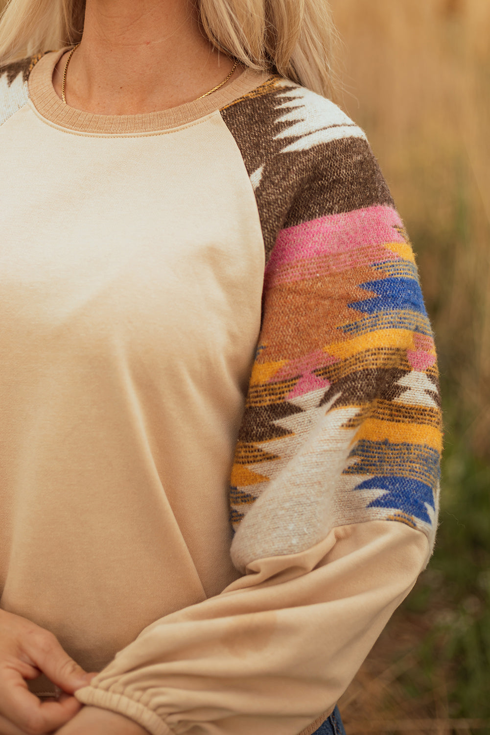 Light French Beige Aztec Patchwork Raglan Pullover Sweatshirt #120