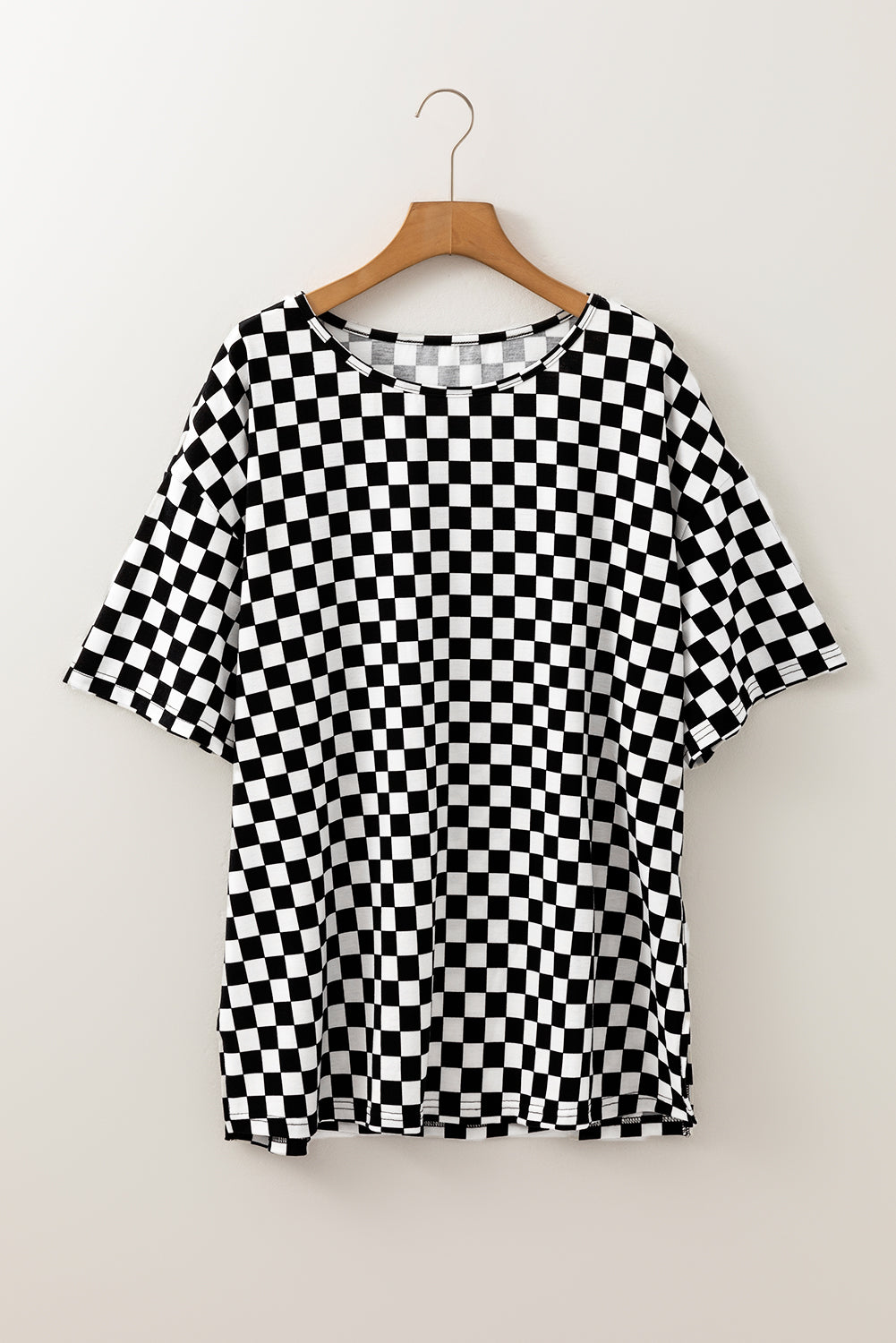 Black Checkered Print Side Slits O Neck Plus Size T Shirt #253