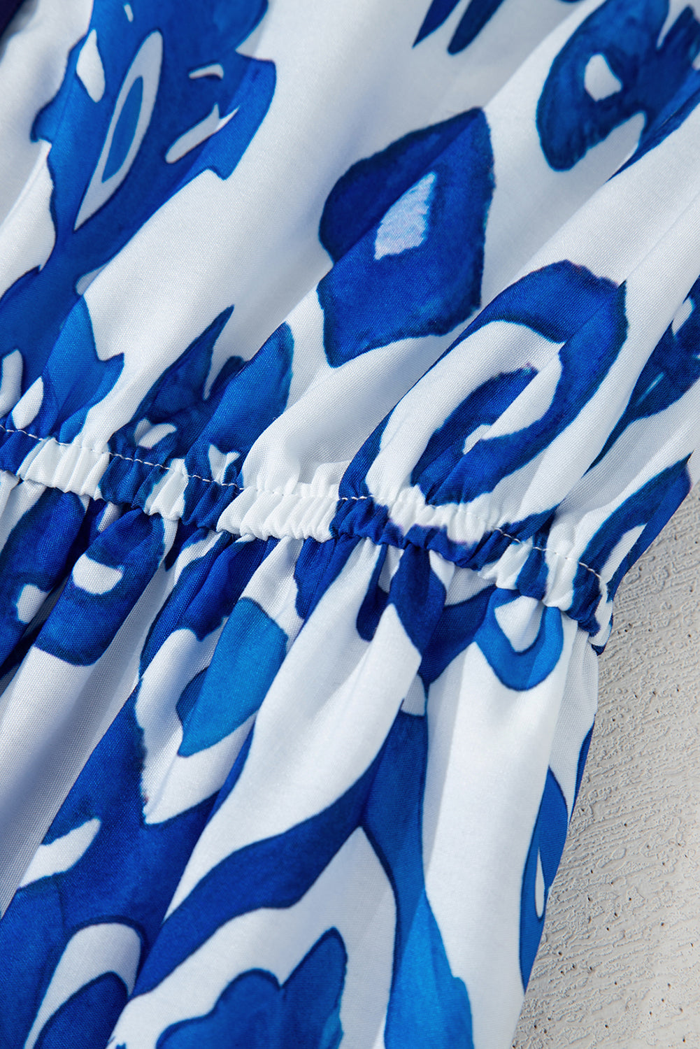 Blue Floral Puff Short Sleeve V Neck High Waist Maxi Dress #15