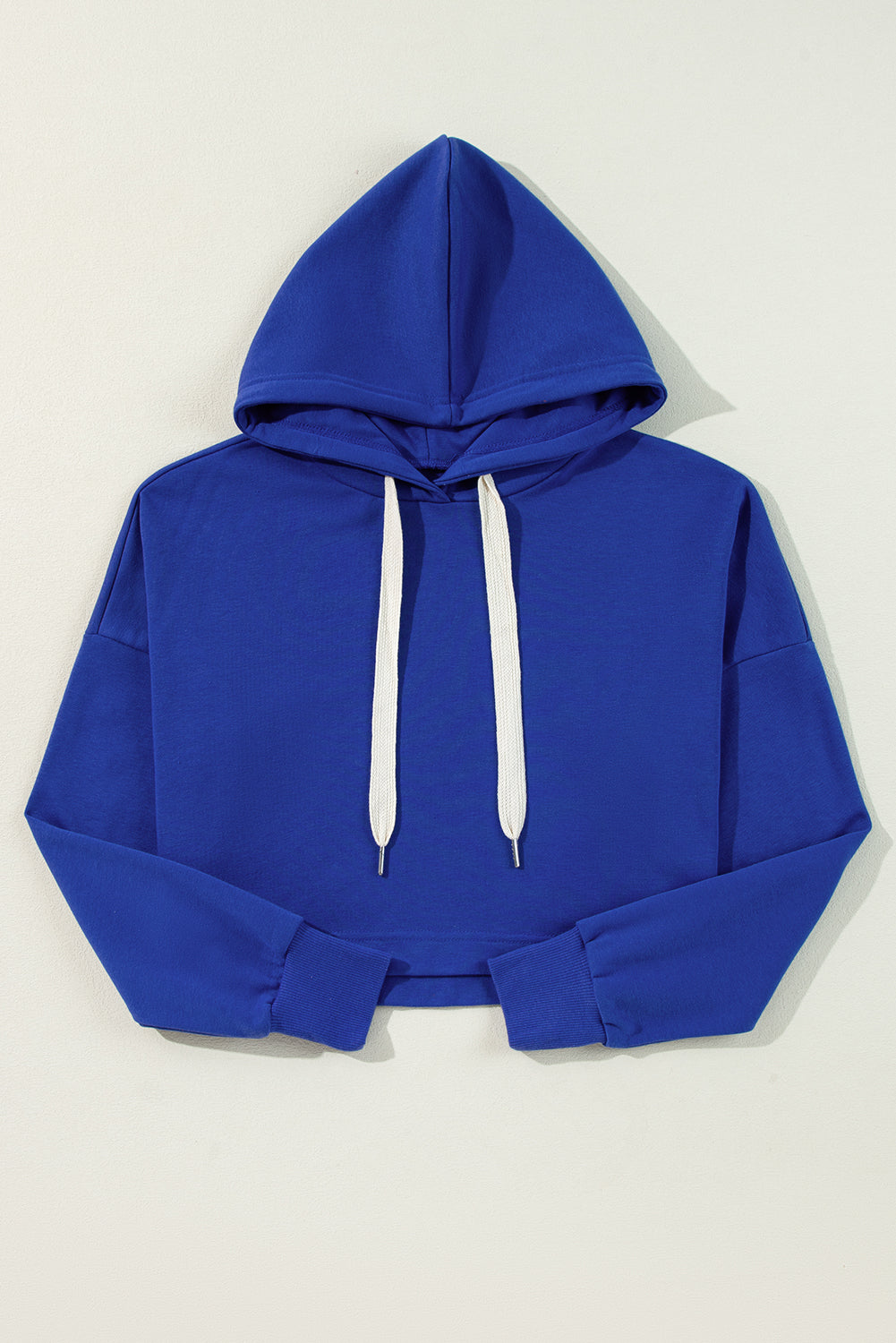 Dark Blue Solid Drop Shoulder Drawstring Cropped Hoodie #105