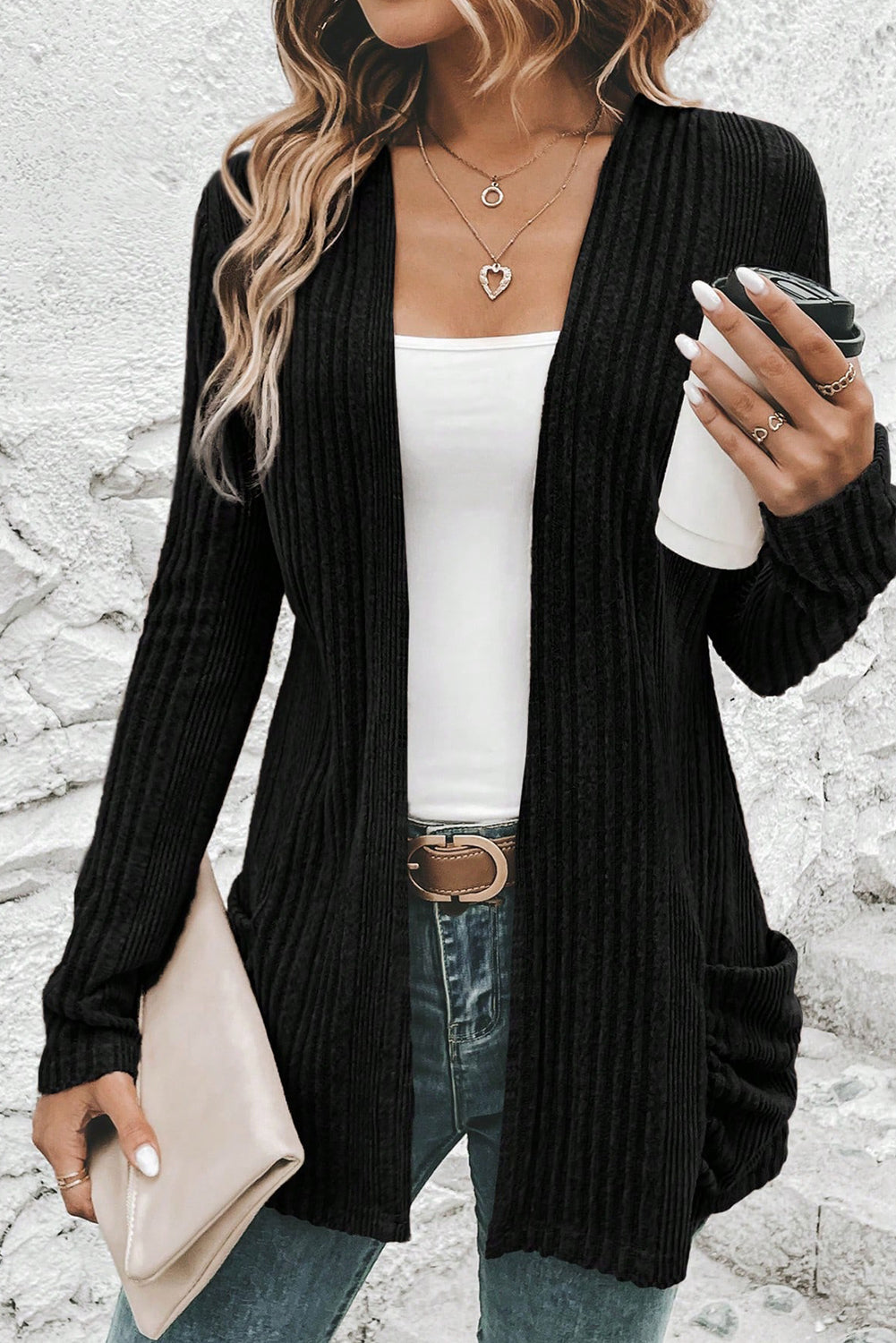 Black Ribbed Open Front Knitted Top with Pockets #133