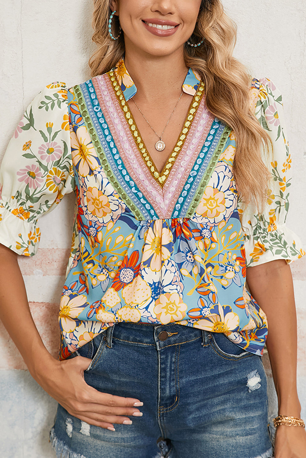 Multicolour Crochet V Neck Half Sleeve Boho Floral Blouse #257