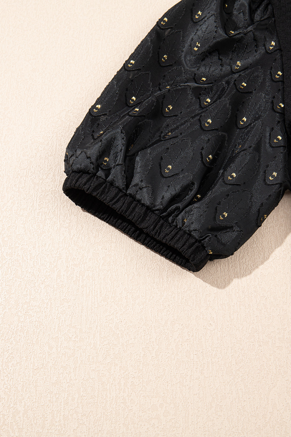 Black Feather Bubble Sleeve Patchwork Textured Blouse #4