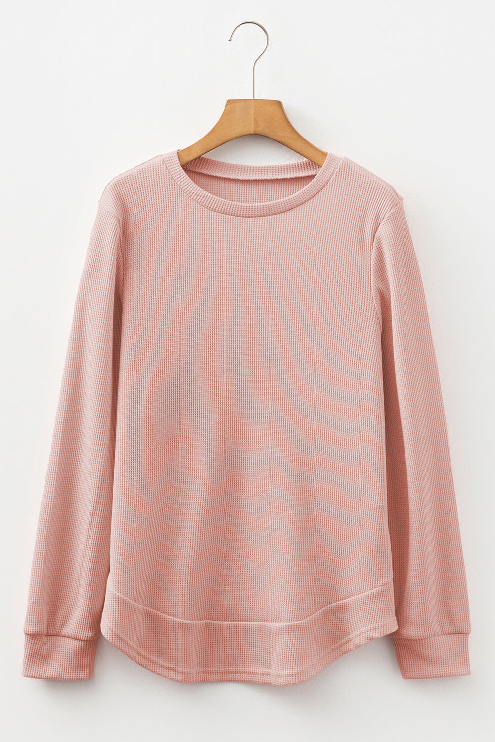 Gossamer Pink Rounded Hem Waffle Long Sleeve Top #124