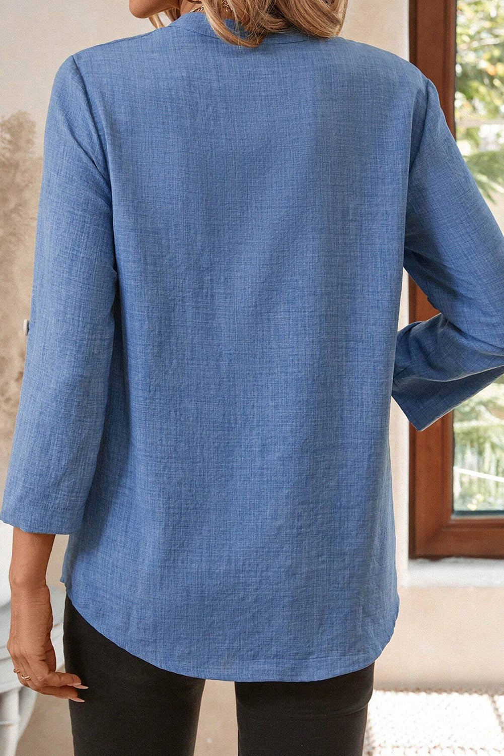 Ashleigh Blue Solid Color Notched V Neck Roll up 3/4 Sleeve Blouse #134
