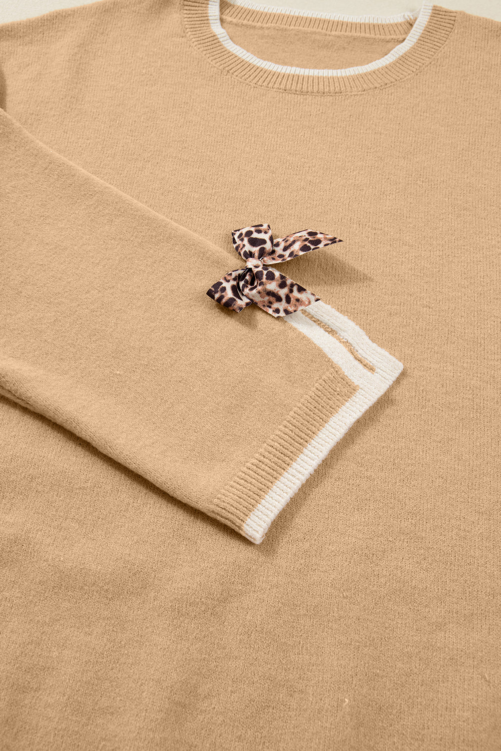 Tan Leopard Bow Decor Split Cuffs Loose Sweater #122