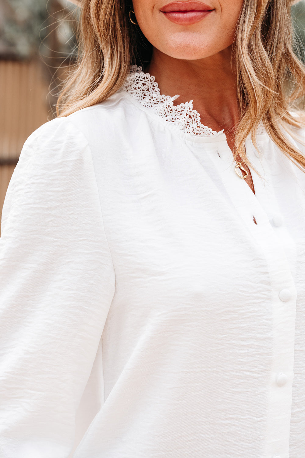 White Lace Patchwork Buttoned Stand Neck Loose Shirt #12
