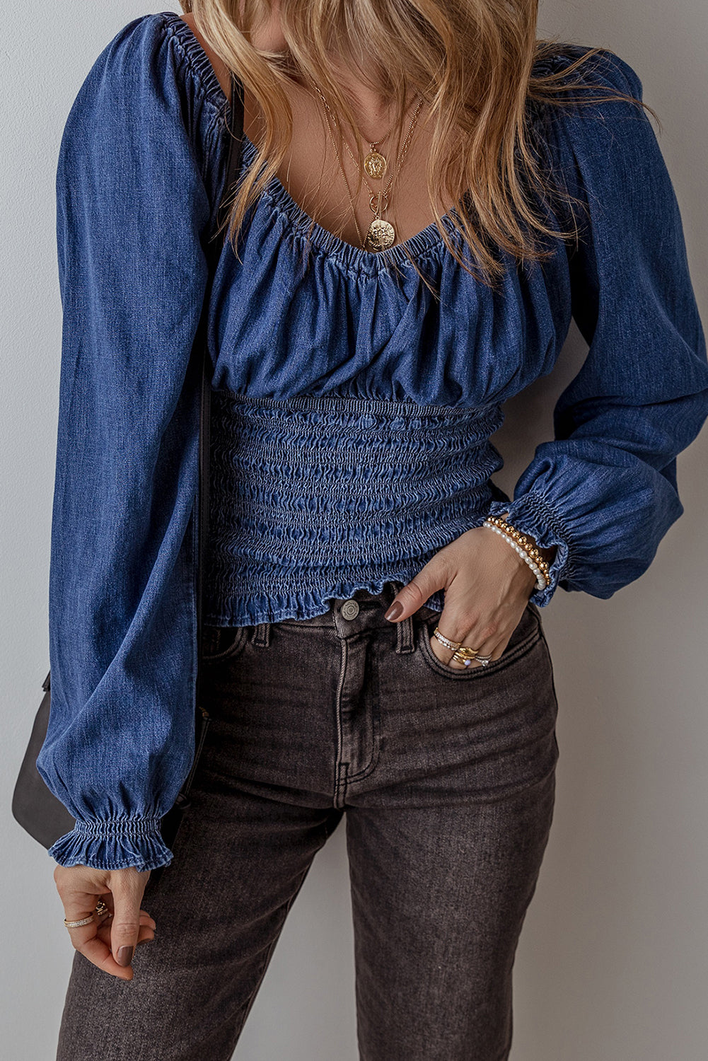 Dark Blue Smocked Ruffled Puff Sleeve V Neck Denim Blouse #14