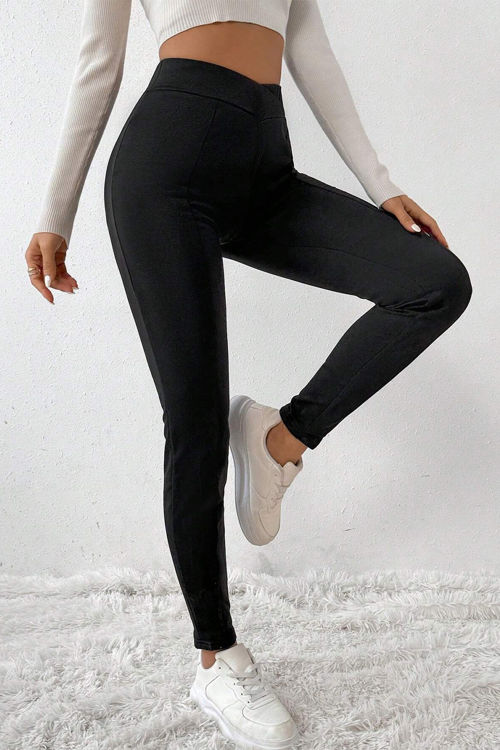 Black Crossed Waist Seamed Leg Thermal Leggings #104