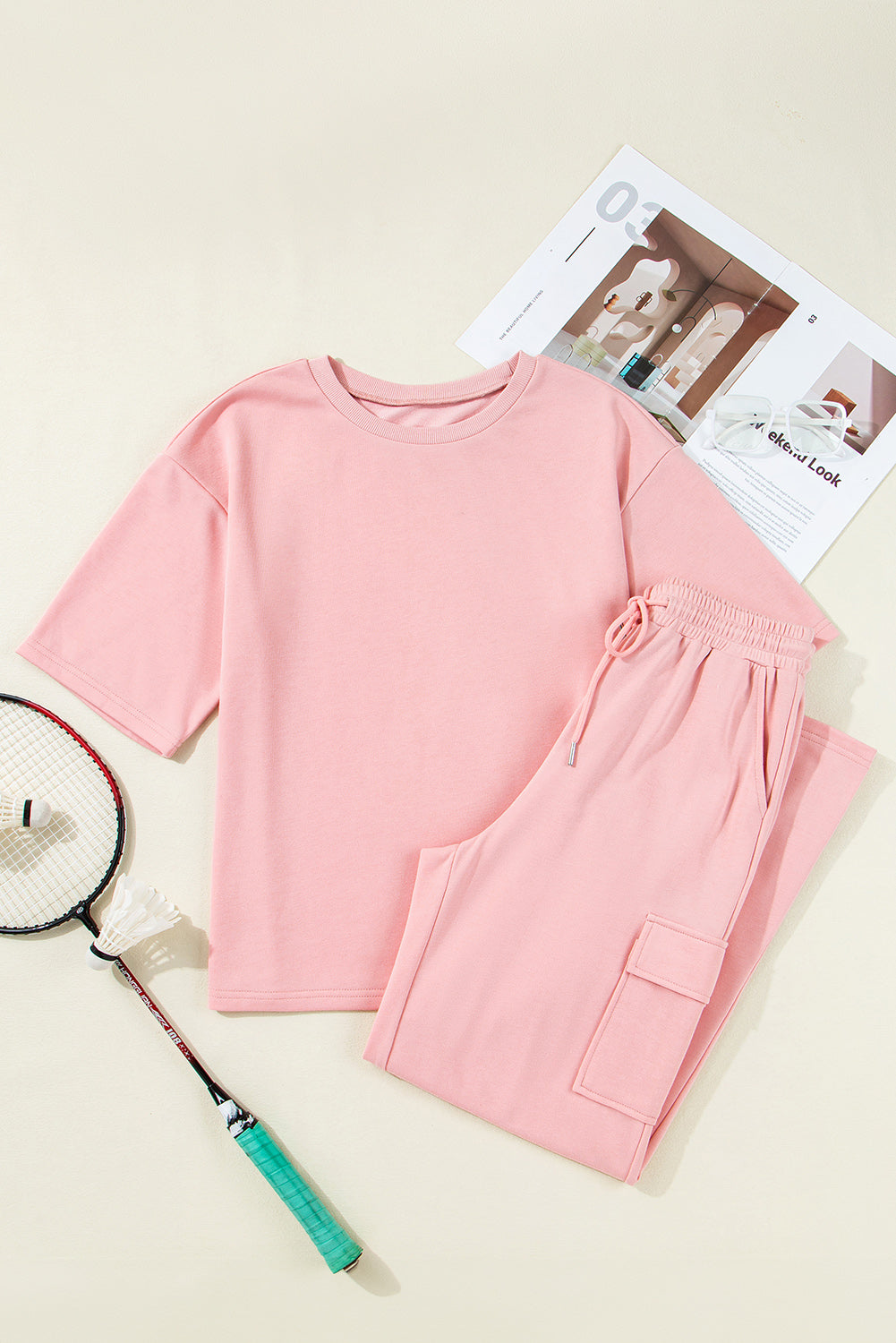 Apricot Pink Half Sleeve T-Shirt & Cargo Sweatpants Set #7