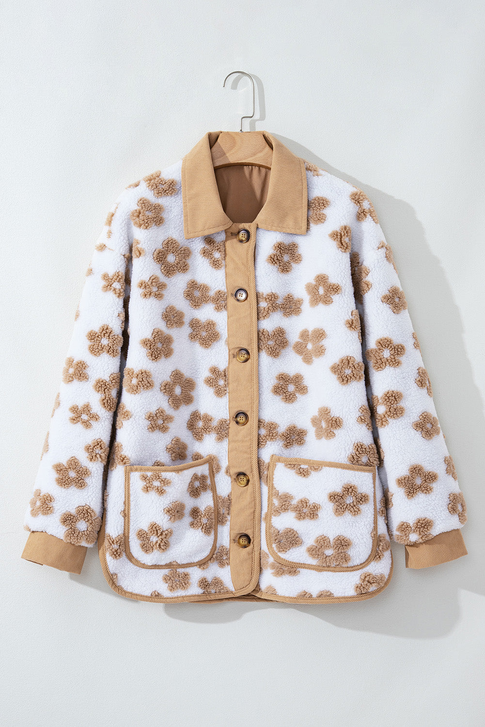 Light French Beige Cute Flower Pattern Button Up Fleece Jacket #110