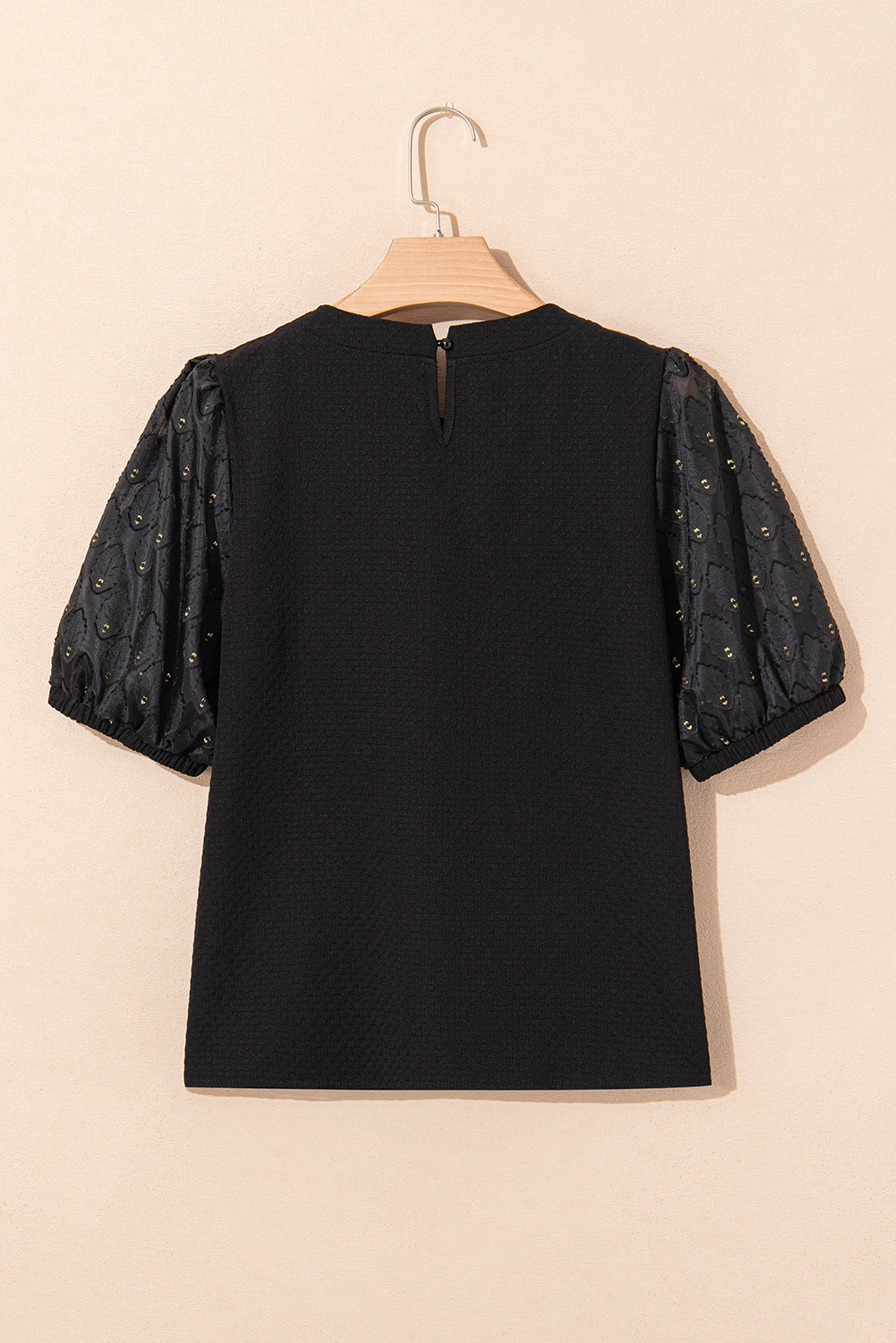 Black Feather Bubble Sleeve Patchwork Textured Blouse #4