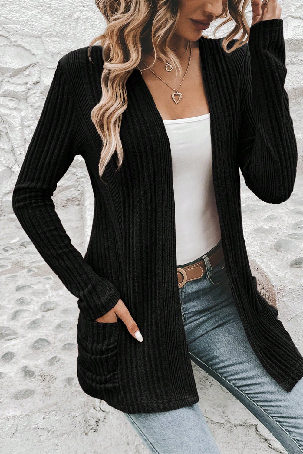 Black Ribbed Open Front Knitted Top with Pockets #133