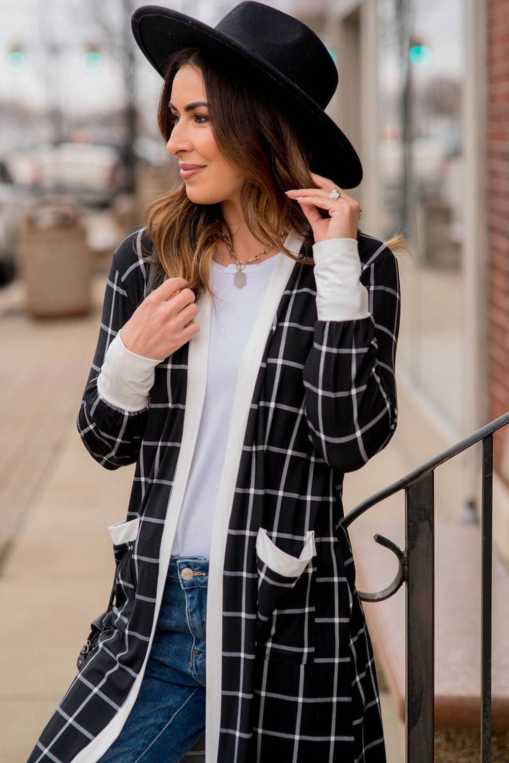 Black Plaid Colorblock Edge Open Cardigan with Pocket #251