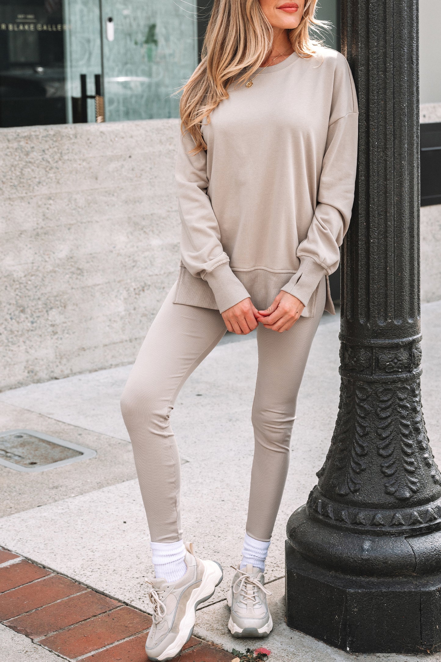 Jet Stream Solid Color Oversize Slit Sweatshirt Ribbed Leggings 2pcs Set #132
