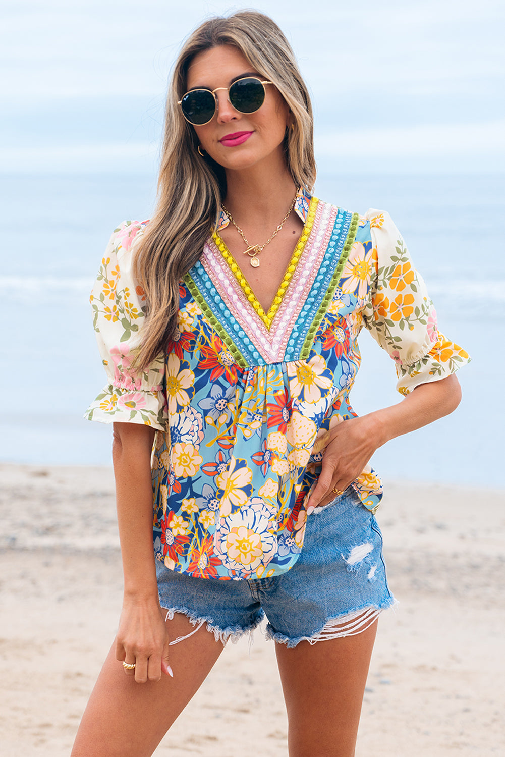 Multicolour Crochet V Neck Half Sleeve Boho Floral Blouse #257