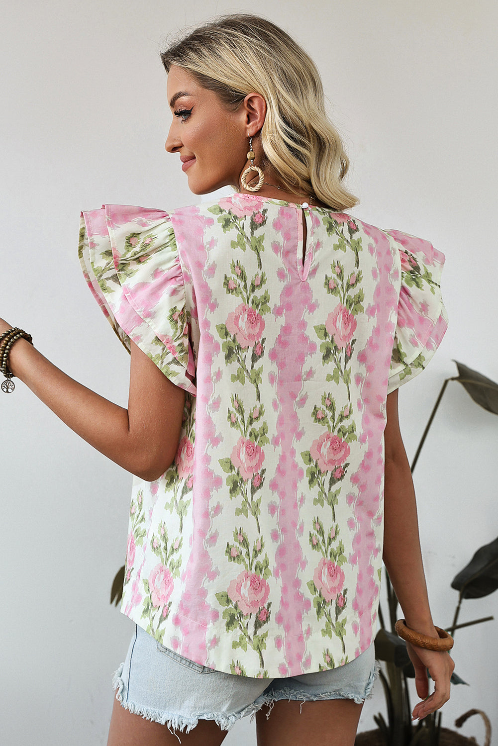 Pink Floral Print Ruffled Sleeve Summer Top #5