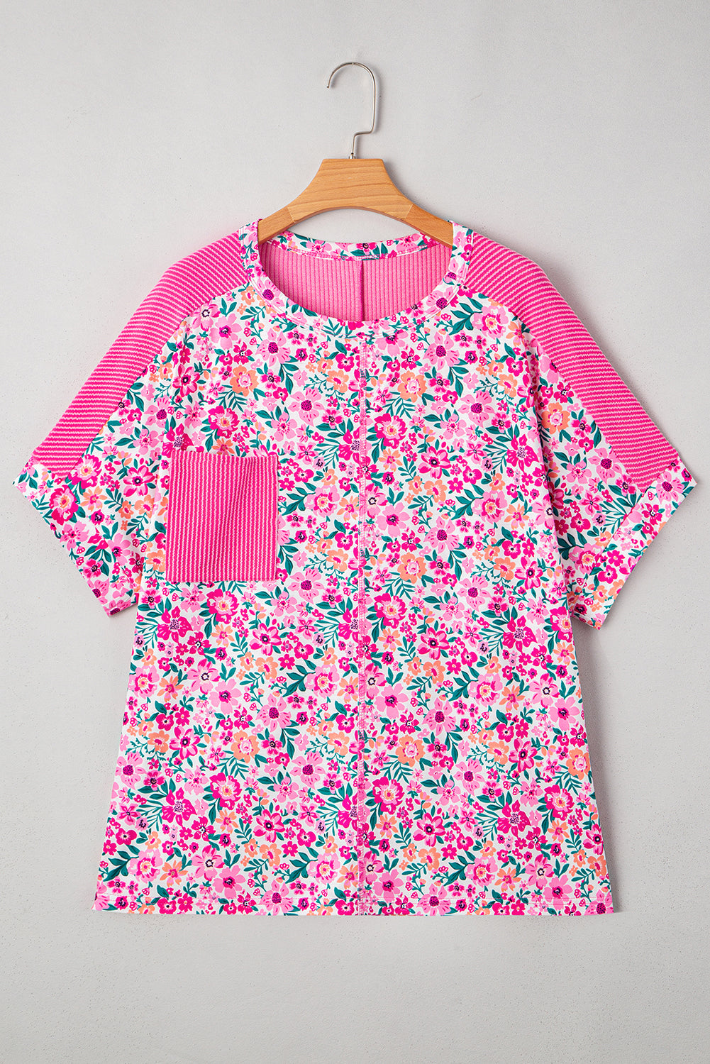 Pink Plus Size Floral Print Corded Patchwork Loose Top #268