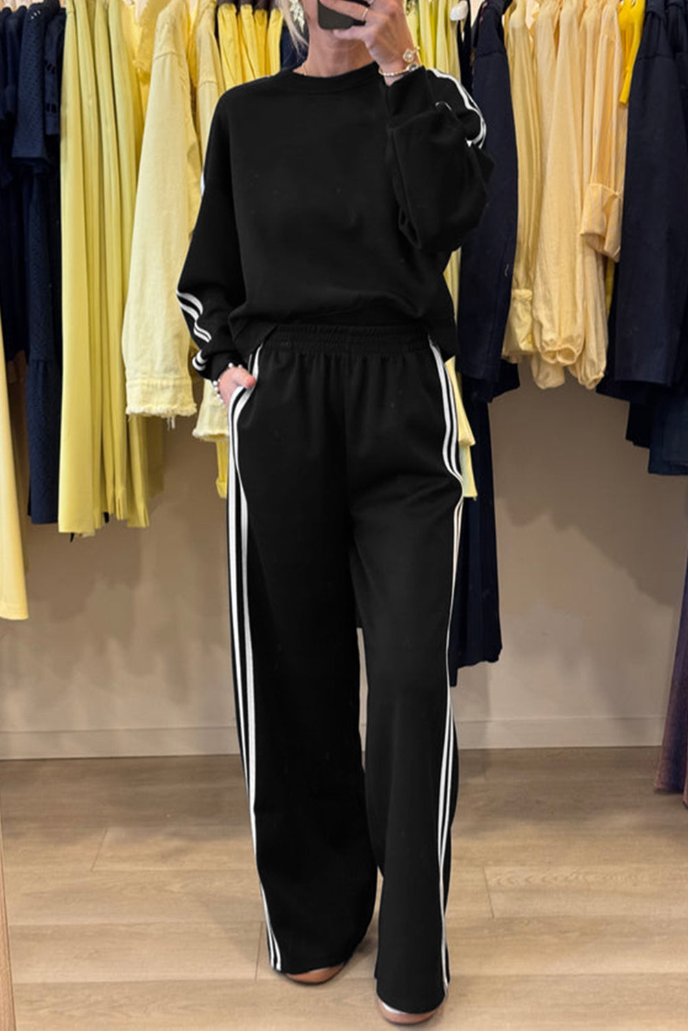 Black Varsity Striped Detail Crewneck Pullover Elastic Sweatpants 2pcs Outfit #131
