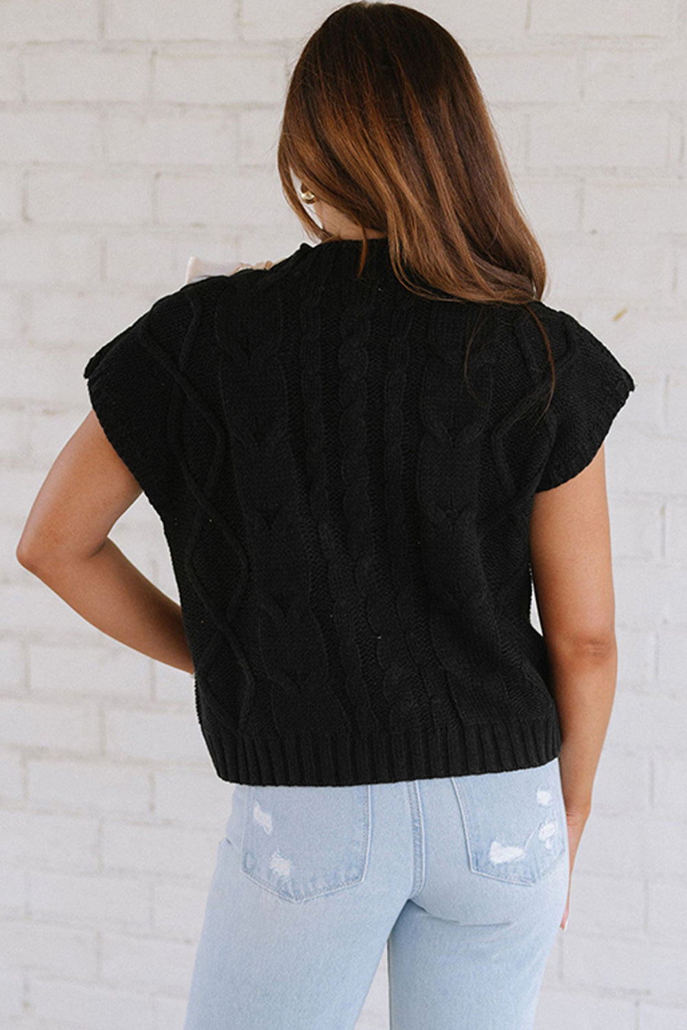 Black Cable Knit Colorblock Satin Bowknot Short Sleeve Sweater #18