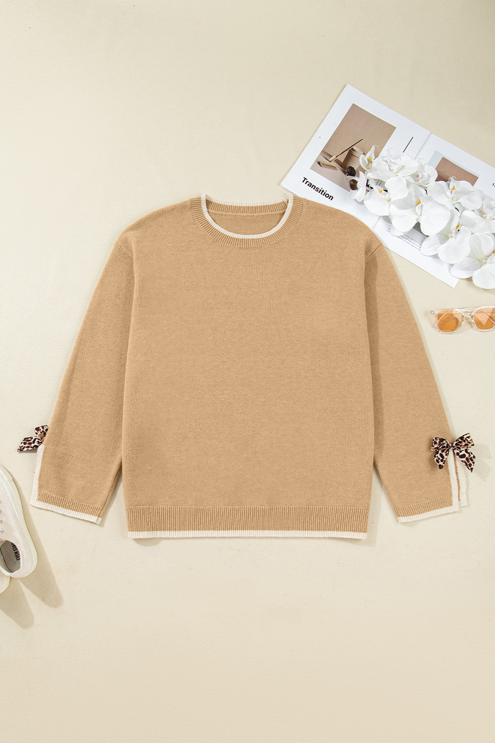 Tan Leopard Bow Decor Split Cuffs Loose Sweater #122