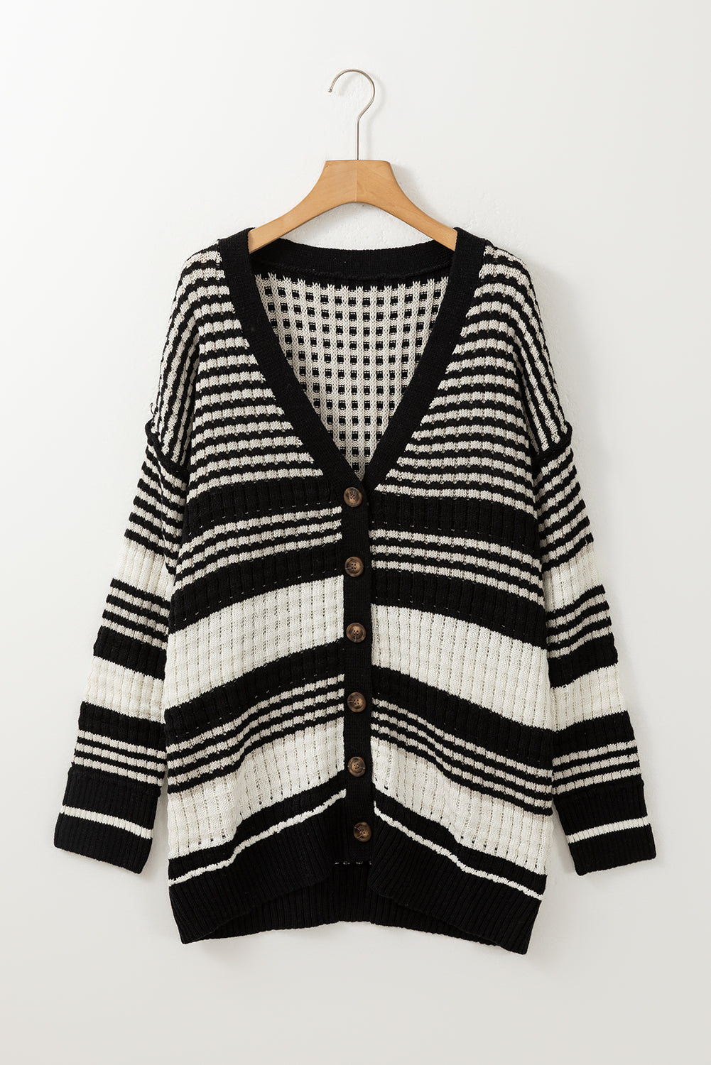 Black Colorblock Textured Knit Buttoned Cardigan #101