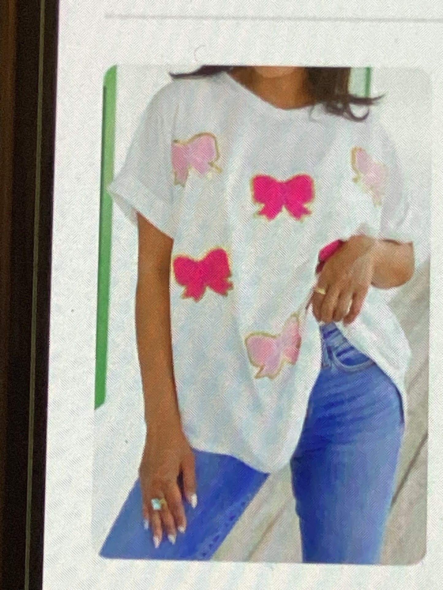 White sequined bow patched short sleeves tee #270