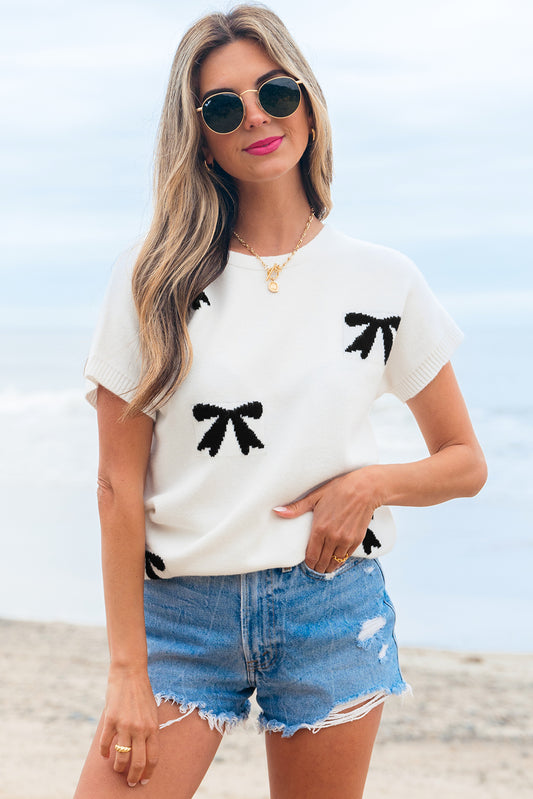 White Bow Pattern Knit Short Sleeve Sweater #17