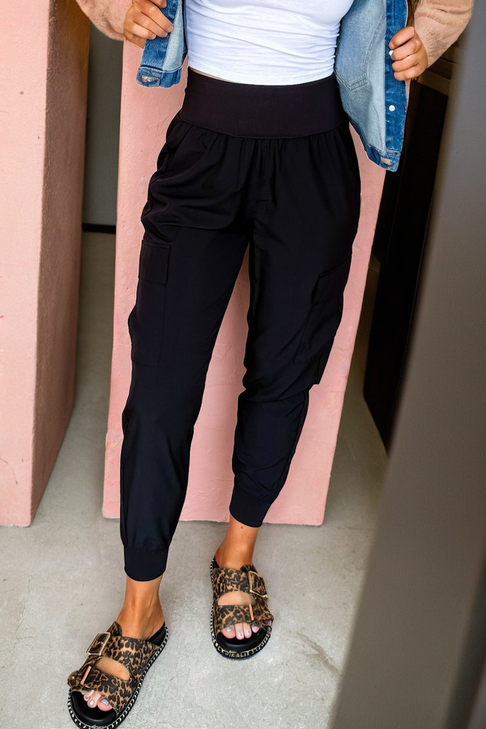 Black Elastic High Waist Pocketed Cargo Jogger Pants #123