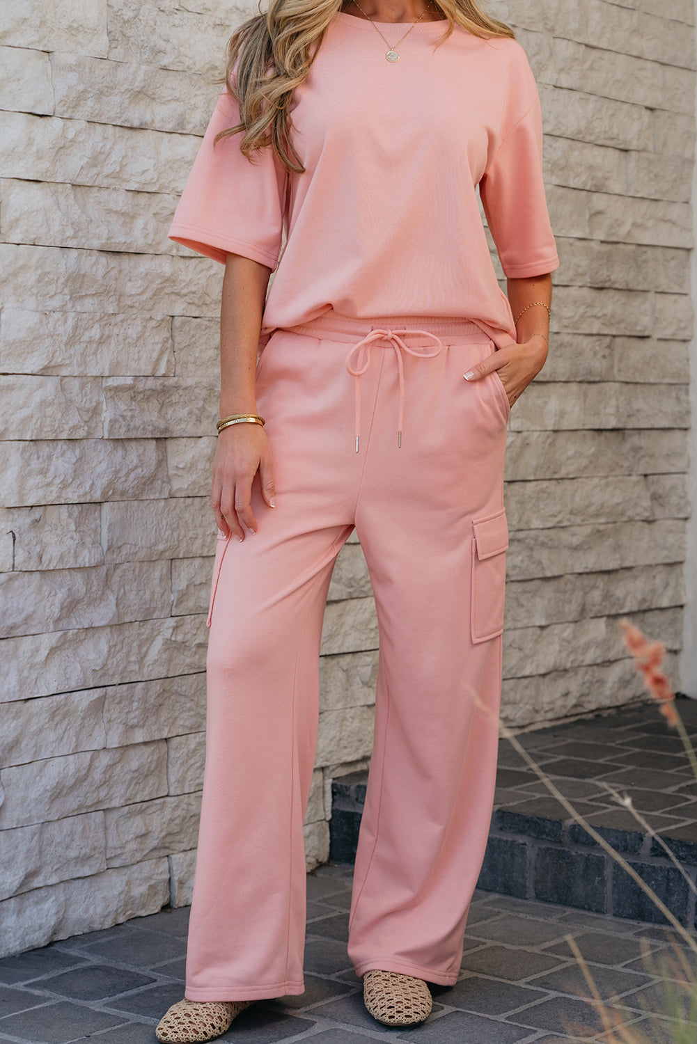 Apricot Pink Half Sleeve T-Shirt & Cargo Sweatpants Set #7