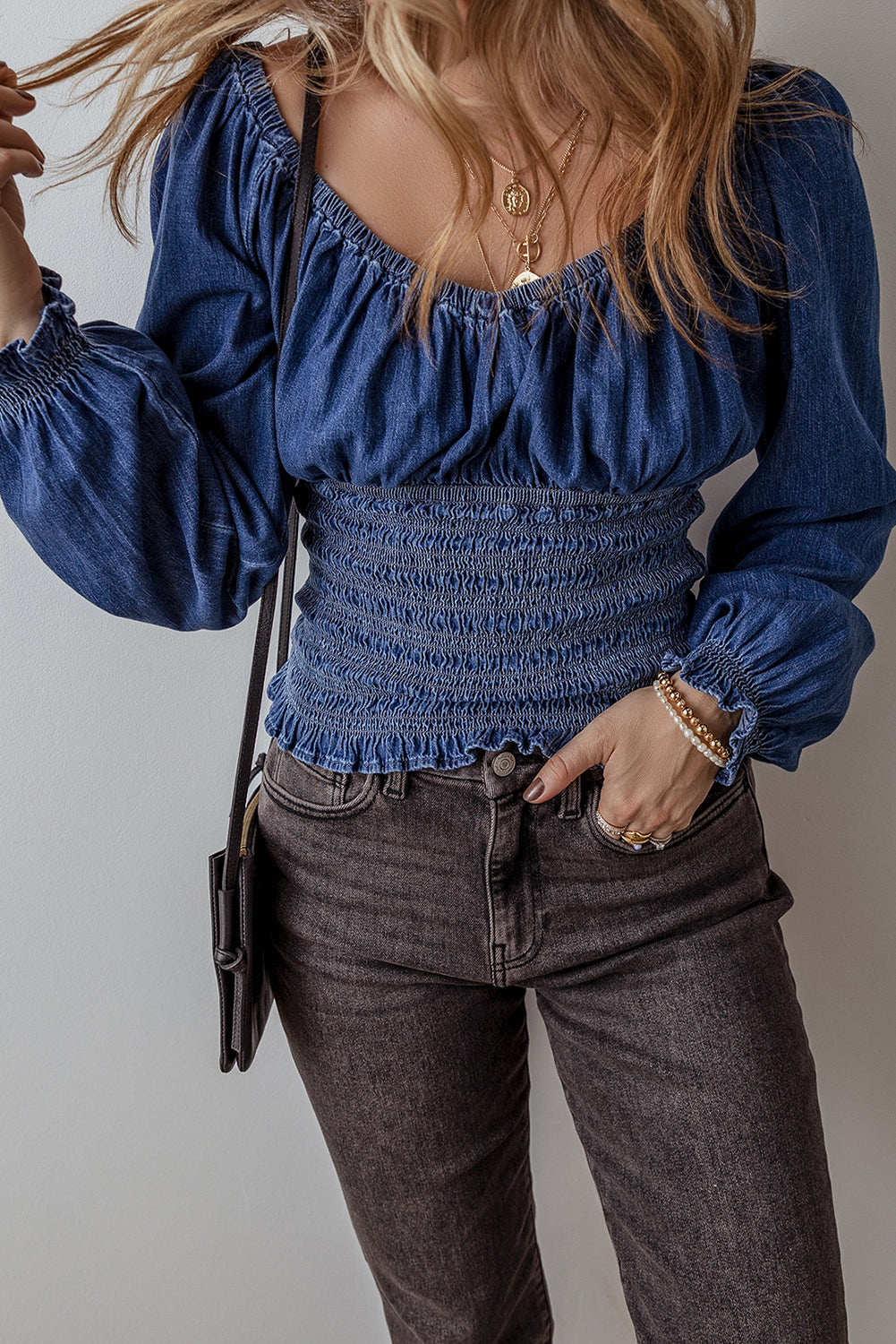 Dark Blue Smocked Ruffled Puff Sleeve V Neck Denim Blouse #14