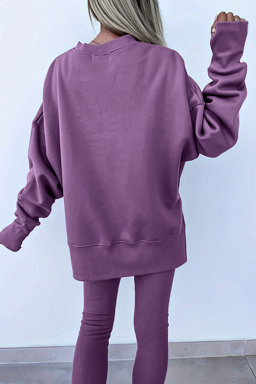 Orchid Mist Solid Color Oversize Slit Sweatshirt Ribbed Leggings 2pcs Set #132