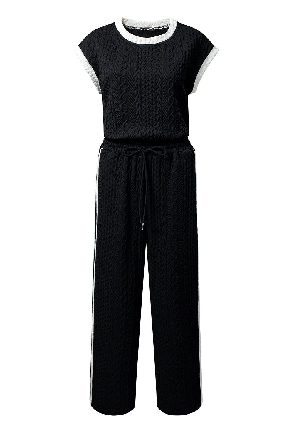 Black Cable Knit Contrast Trim Short Sleeve Top and Pants Set #10