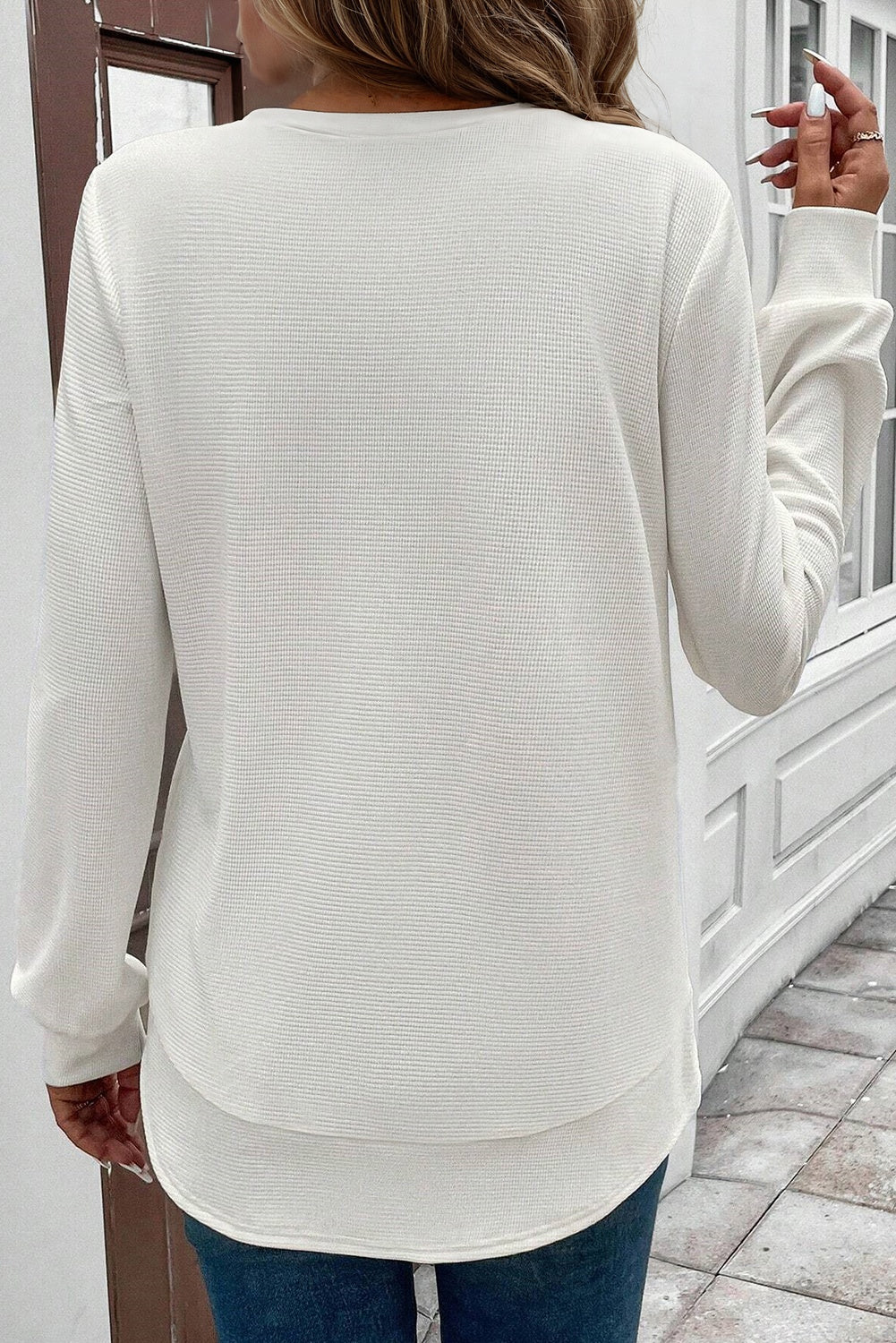 White Rounded Hem Waffle Long Sleeve Top #124