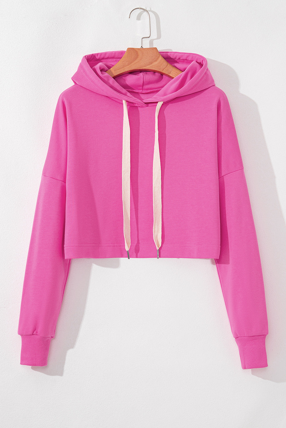 Sachet Pink Solid Drop Shoulder Drawstring Cropped Hoodie #105