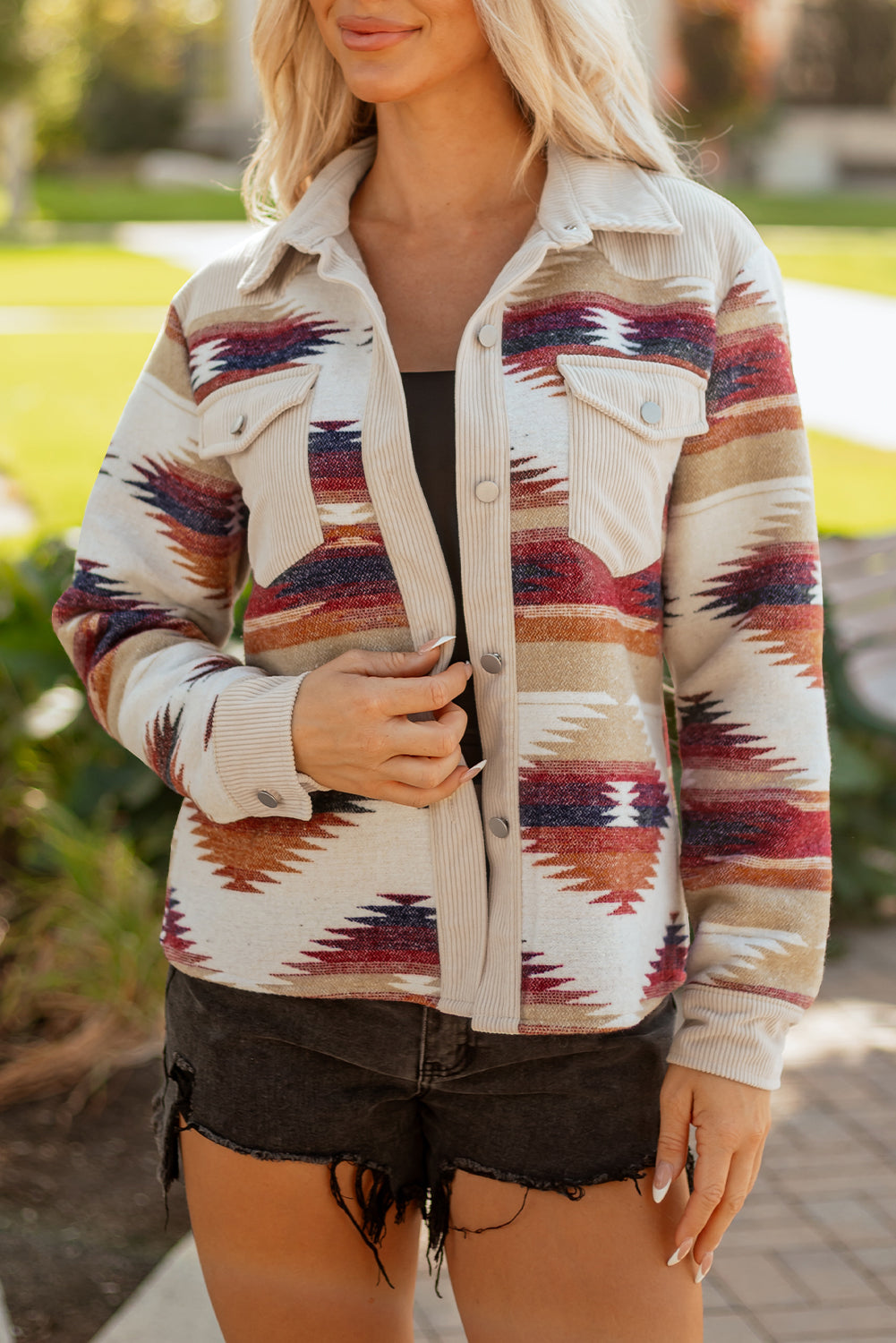 Multicolour Western Aztec Striped Patchwork Double Flap Pocket Raw Hem Shacket #22