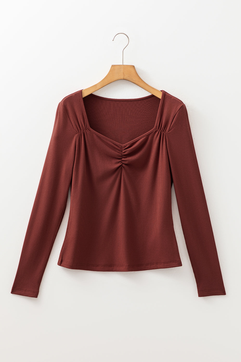 Burgundy Gathered Bust Square Neck Ribbed Fit Long Sleeve Top #21