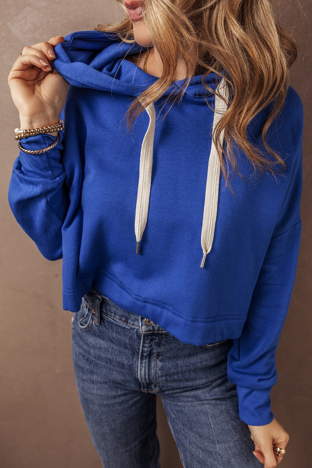 Dark Blue Solid Drop Shoulder Drawstring Cropped Hoodie #105