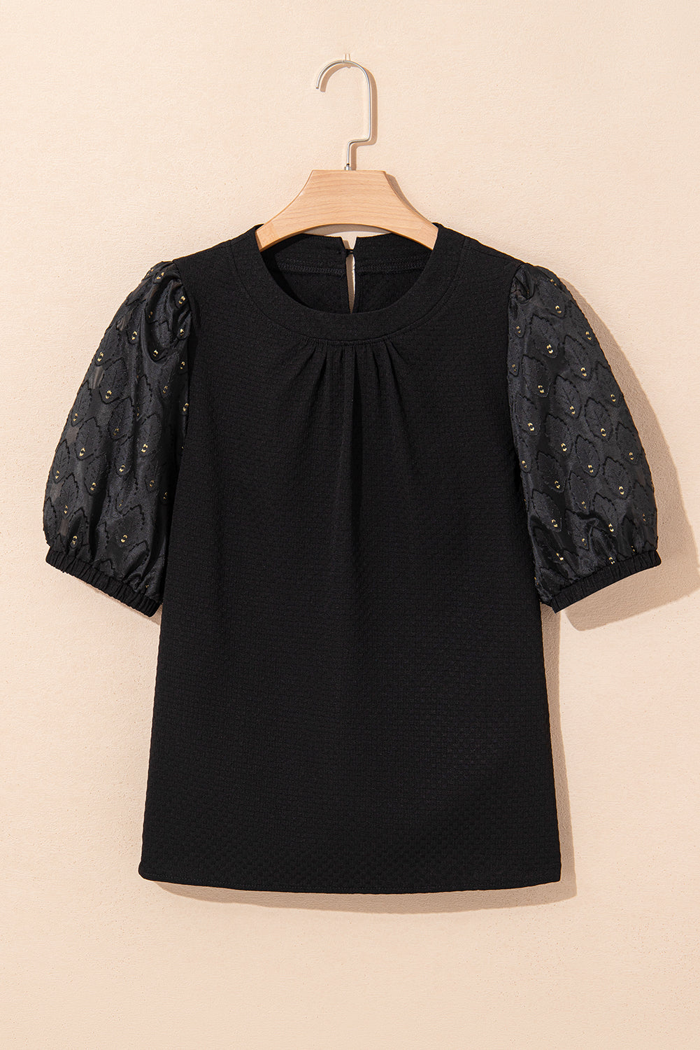 Black Feather Bubble Sleeve Patchwork Textured Blouse #4