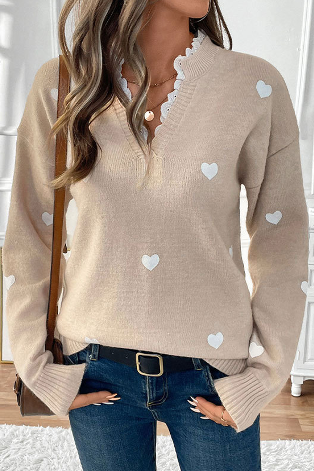 Smoke Gray Heart Print Lace Splicing V Neck Valentines Sweater #19