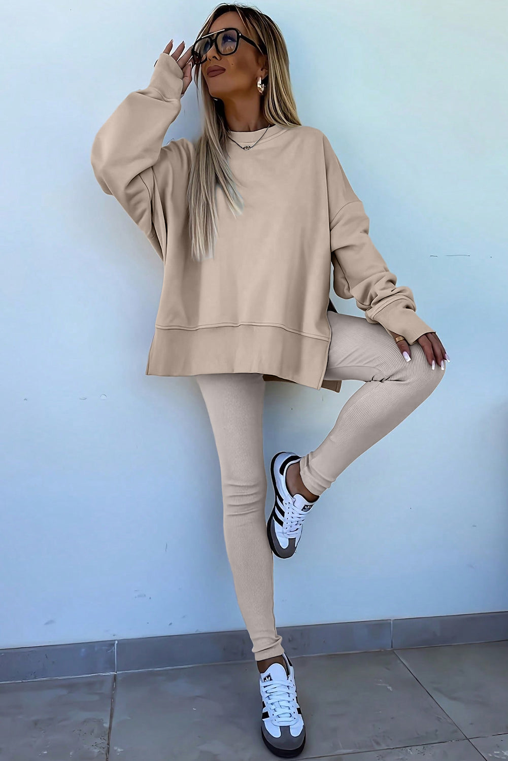 Jet Stream Solid Color Oversize Slit Sweatshirt Ribbed Leggings 2pcs Set #132