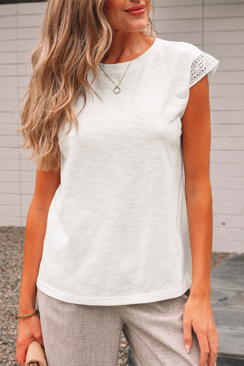 White Lace Patchwork Cap Sleeve Round Neck T Shirt #267