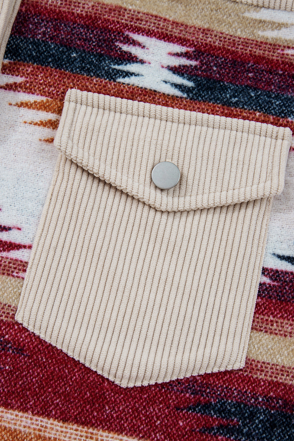 Multicolour Western Aztec Striped Patchwork Double Flap Pocket Raw Hem Shacket #22