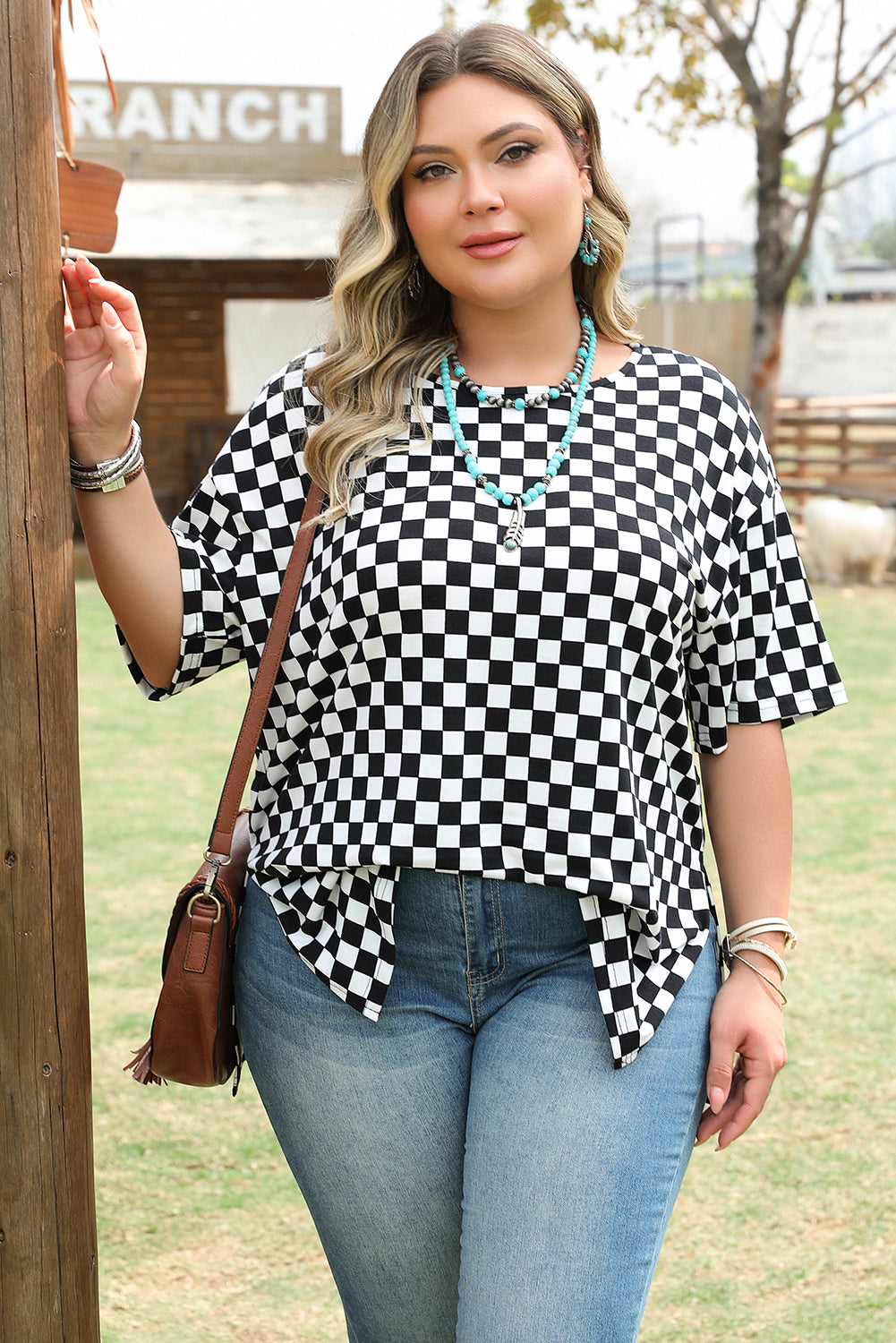 Black Checkered Print Side Slits O Neck Plus Size T Shirt #253